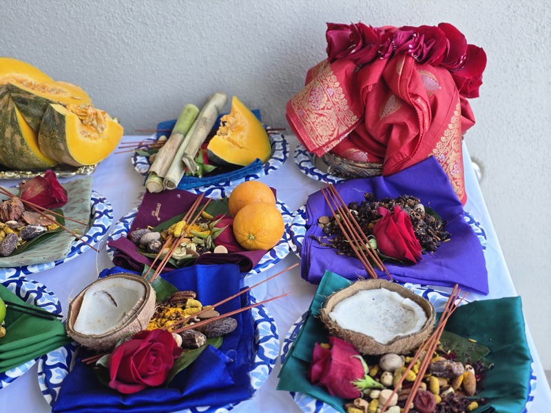 Colorful pooja materials and offerings