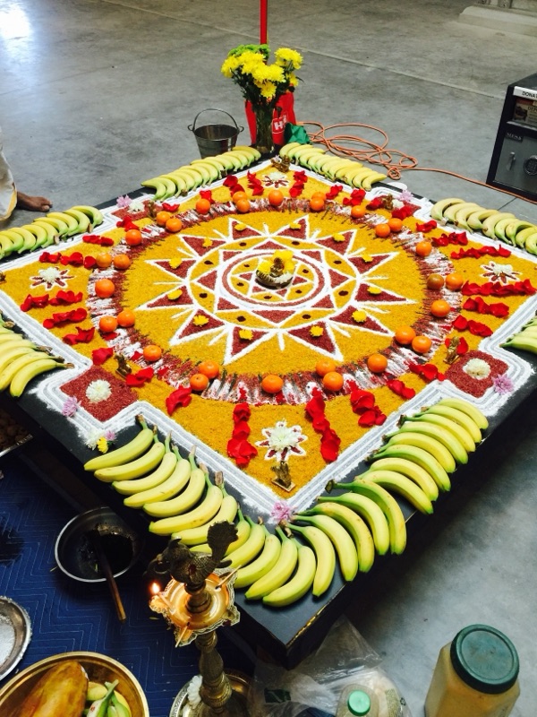Beautiful Navagraha rangoli with fruits
